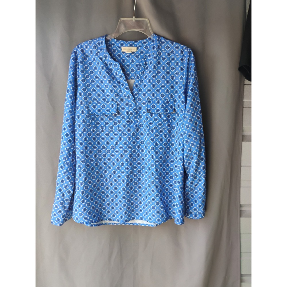 Appleseeds Womens Blue White Geometric Print Split Neck Blouse Size M